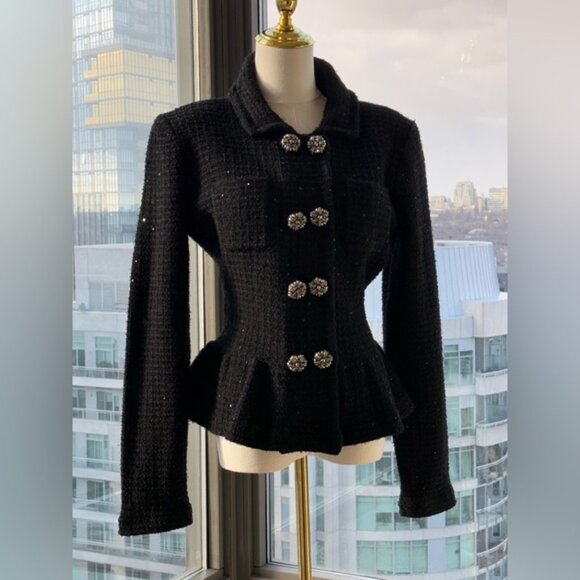🆕 SELF PORTRAIT 🧿 NWOT Black Textured Peplum Knit Jacket - Sz Large - Picture 6 of 16
